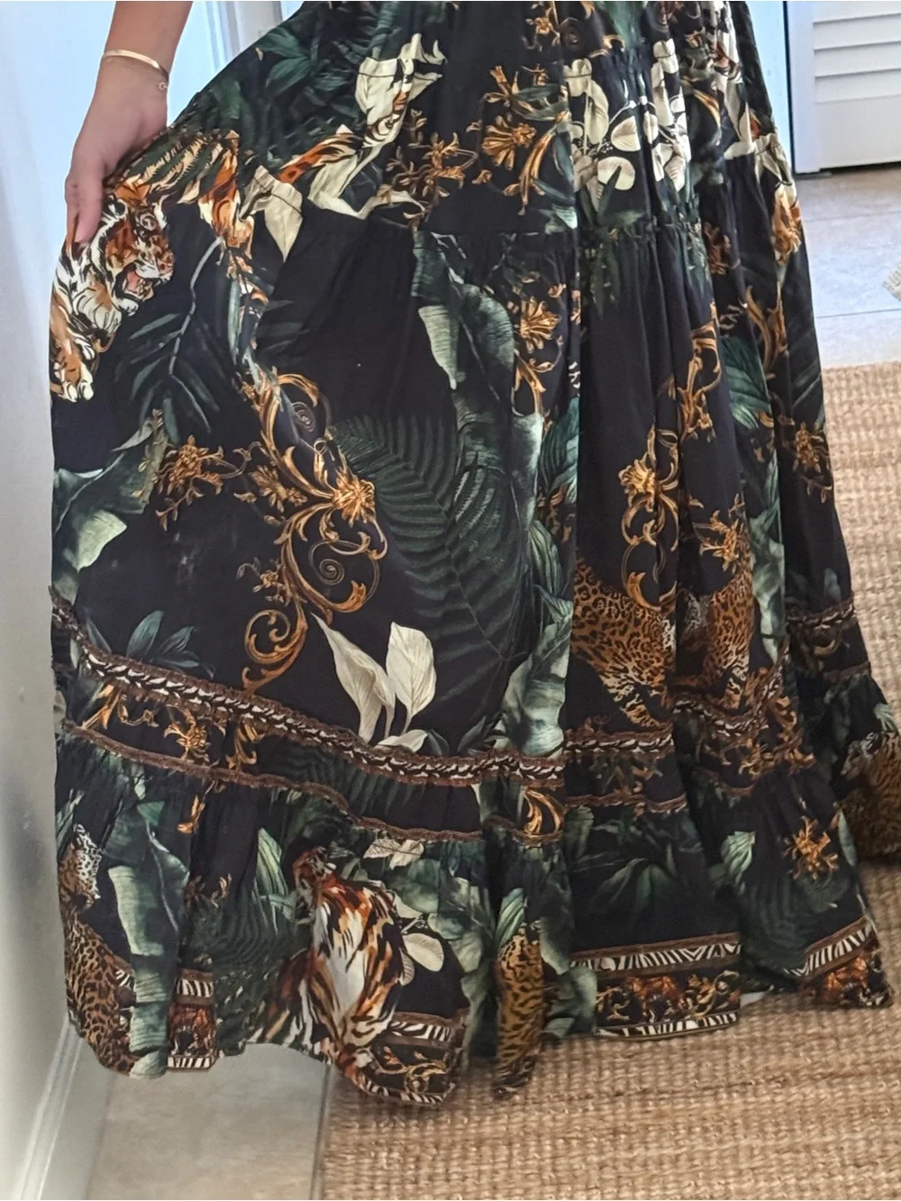 Camilla Black Maxi Skirt with Gold & Green Jungle Print